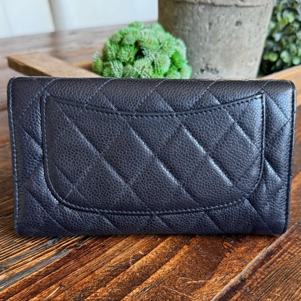 CHANEL Classic L-Flap Caviar Navy Blue Quilted Long Wallet